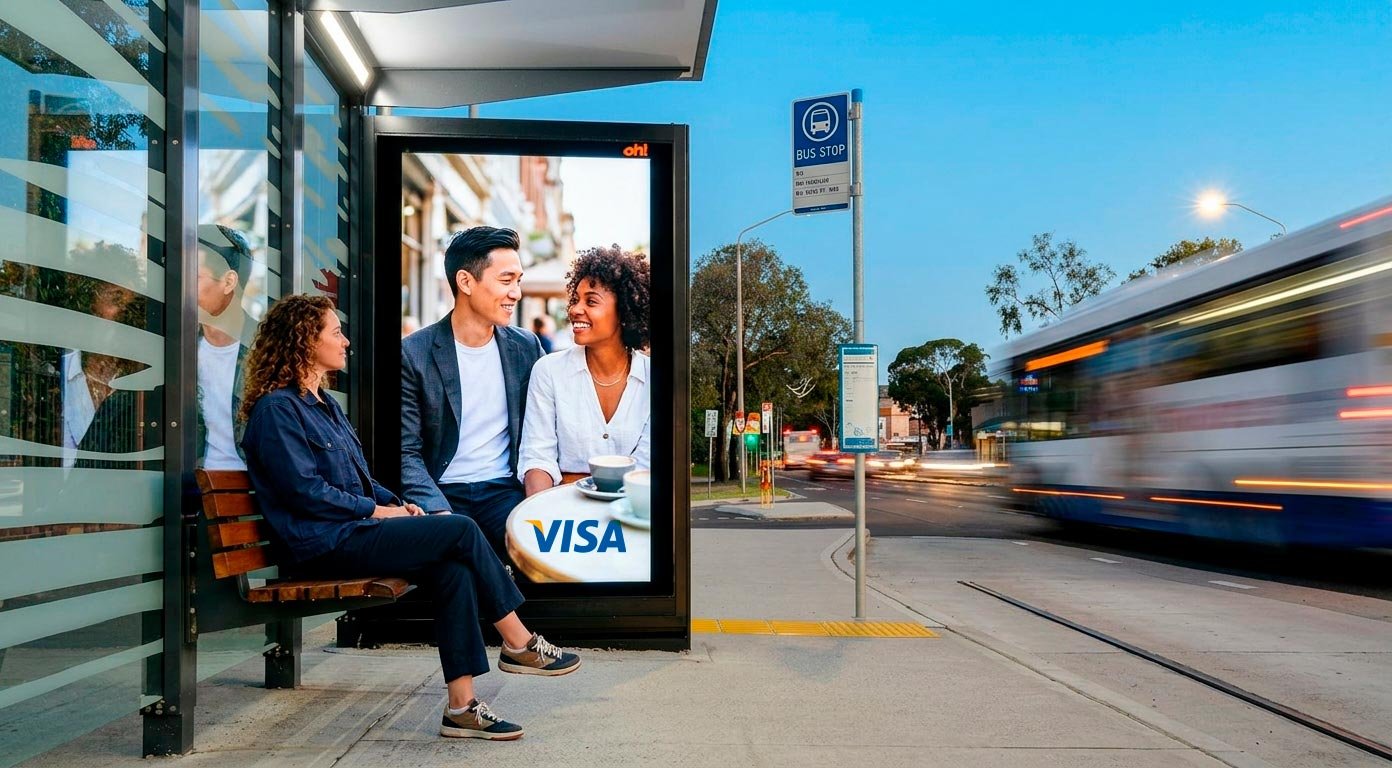 Painel de mídia exterior em abrigo de ônibus com anúncio da Visa, ao lado de uma mulher sentada no banco