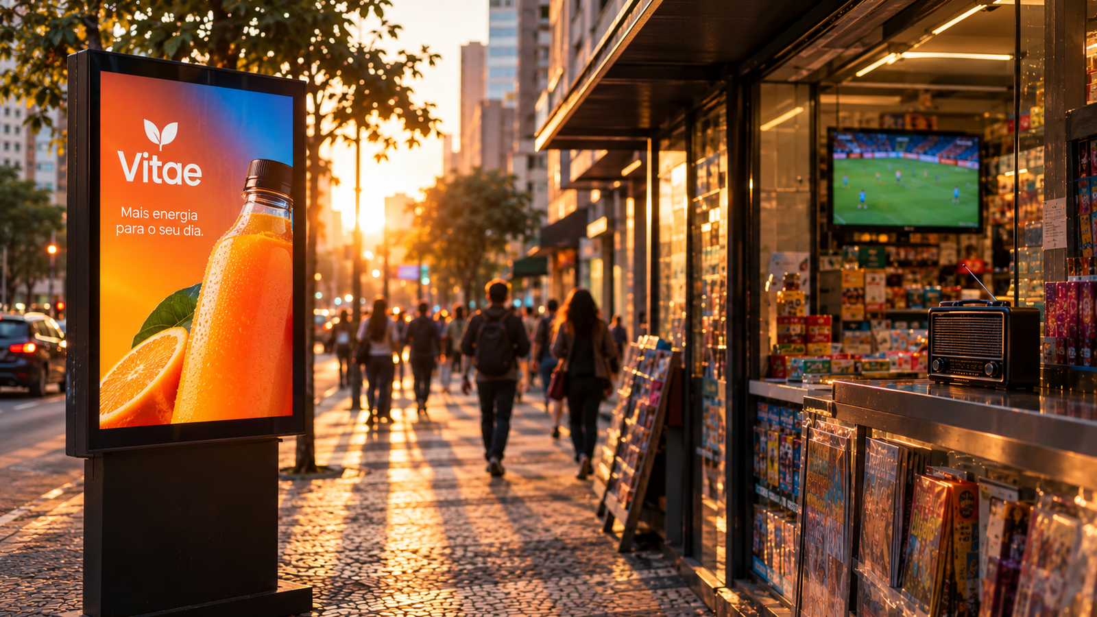 Painel digital com anúncio de suco em calçada movimentada, ao lado de uma banca de jornal com TV