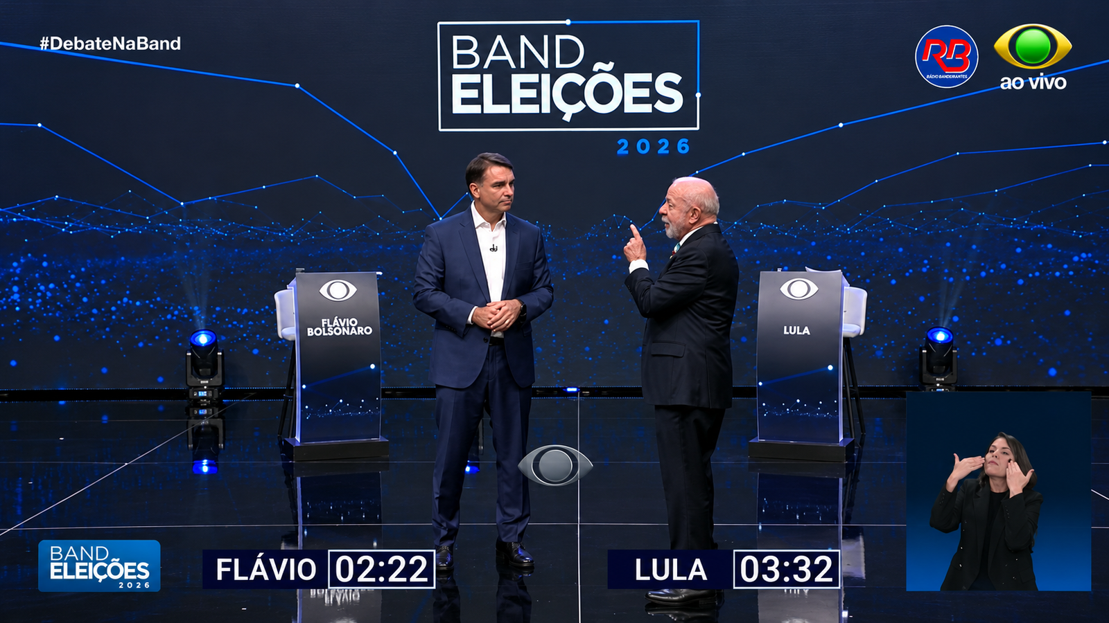 Lula e Flávio Bolsonaro de pé no cenário do debate da Band, com os cronômetros de fala na tela