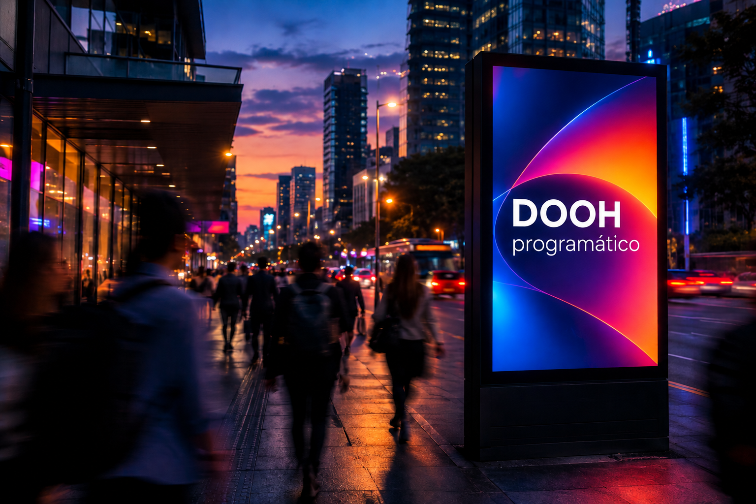 Painel digital de rua ao entardecer exibindo o texto DOOH programático, com pedestres passando na calçada